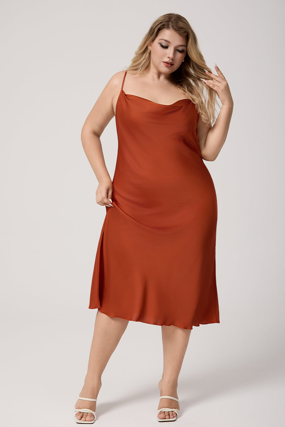 Curveins Plus Size Satin Cowl Neck Spaghetti Strap Loose Fit Sleep Dress