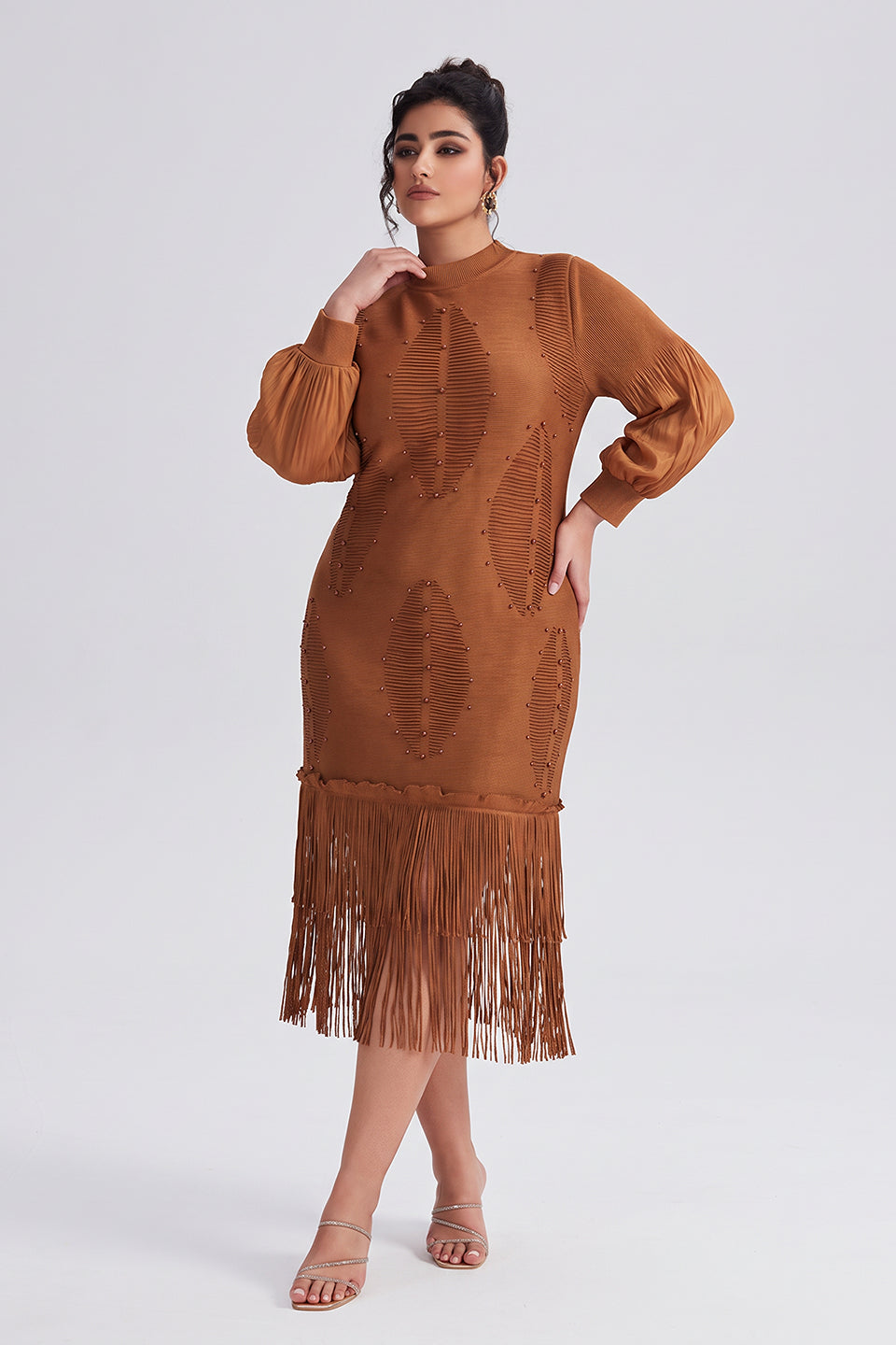 Curveins Plus Size Crew Neck Long Sleeve Stretch Fringe Hem Midi Dress