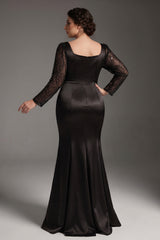Curveins Plus Size Round Neck Long Sleeve Patchwork Ruched Waist Bodycon Maxi Dress