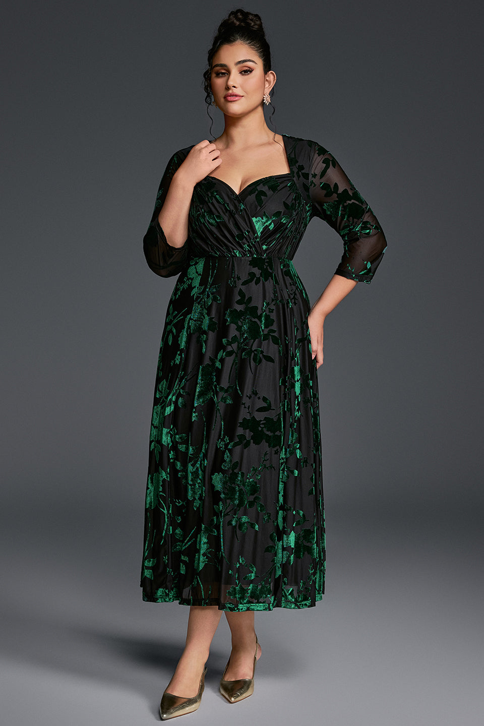 Curveins Plus Size V-Neck Three Quarter Sleeve Patterned Velvet Maxi Dress