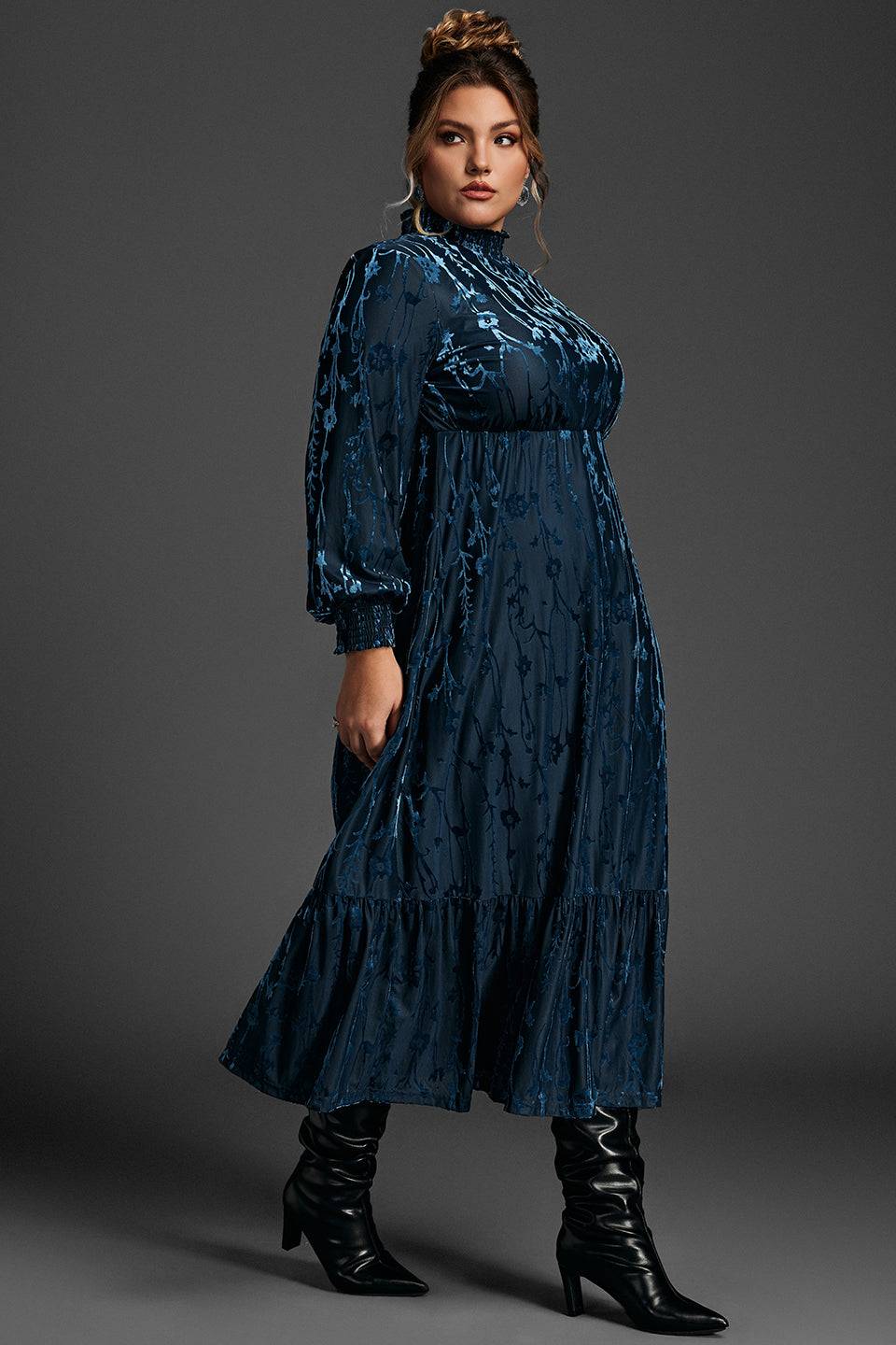 Curveins Plus Size Navy Blue Floral Velvet Maxi Dress