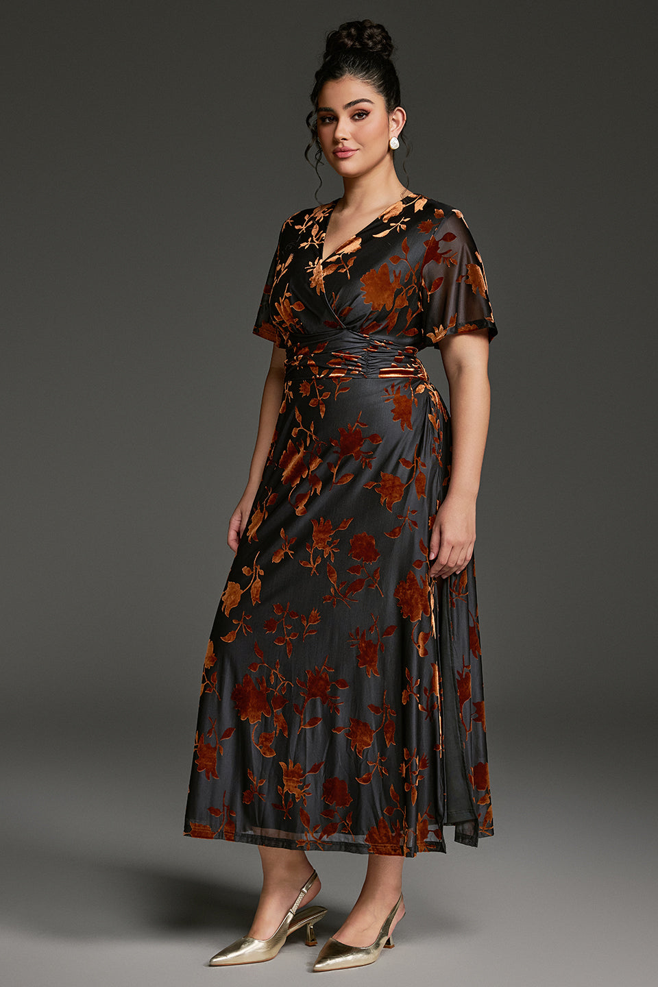 Curveins Plus Size Velvet Surplice Vintage Plain Maxi Dress