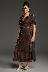 Curveins Plus Size Velvet Surplice Vintage Plain Maxi Dress