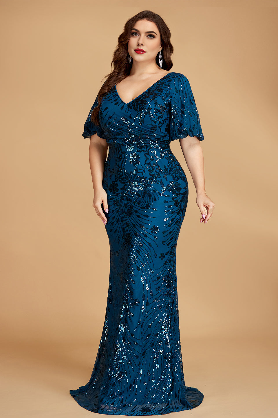 Curveins Plus Size V-Neck Batwing Sleeve Floral Sequin Bodycon Maxi Dress