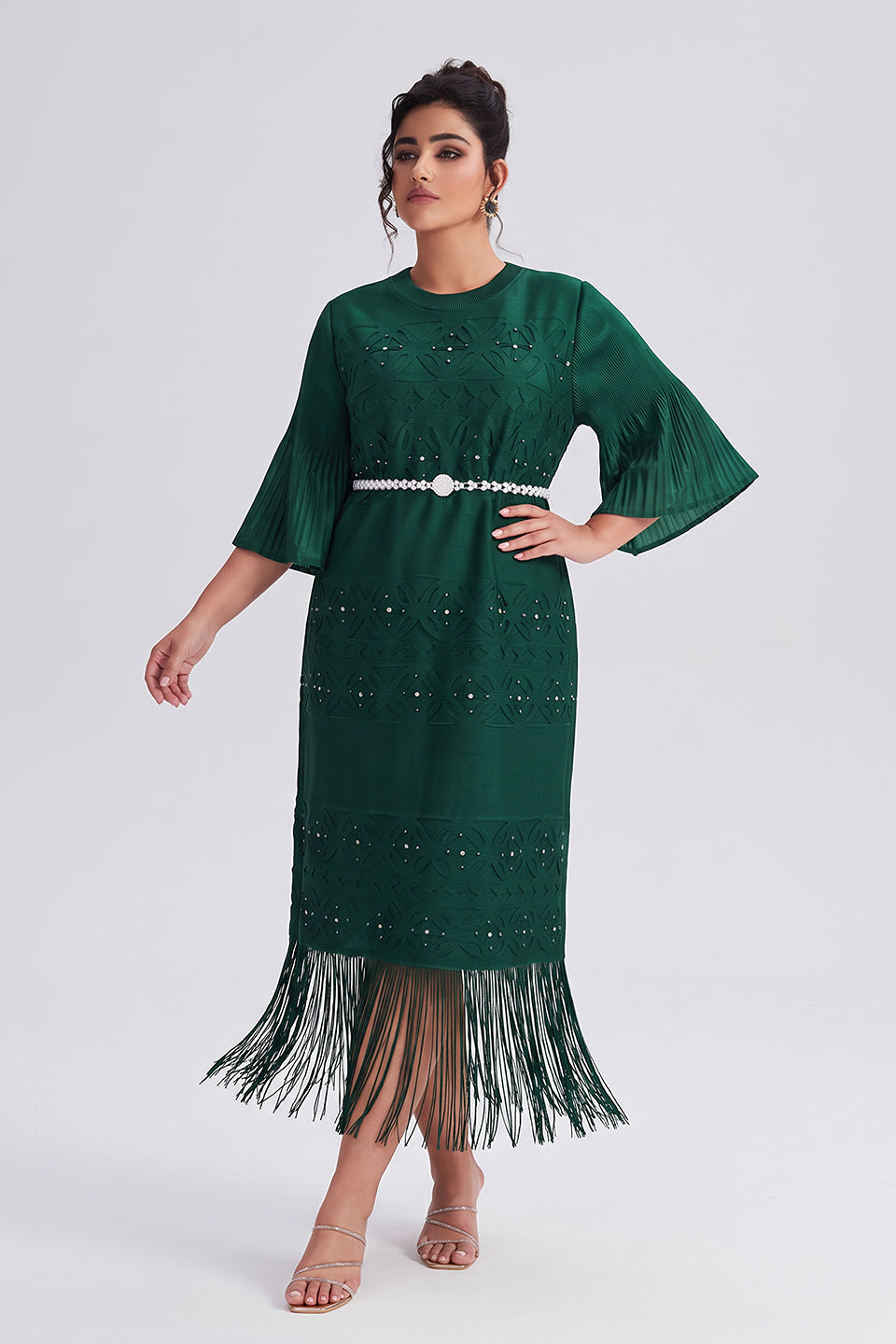 Curveins Plus Size Crew Neck Long Sleeve Stretch Fringe Hem Belted Midi Dress