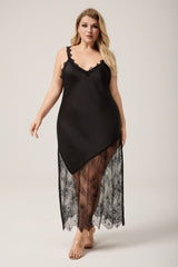 Curveins Plus Size Spaghetti Strap Sleep Dress with Lace Edged Irregular Hem, Stylish Lounge Wear