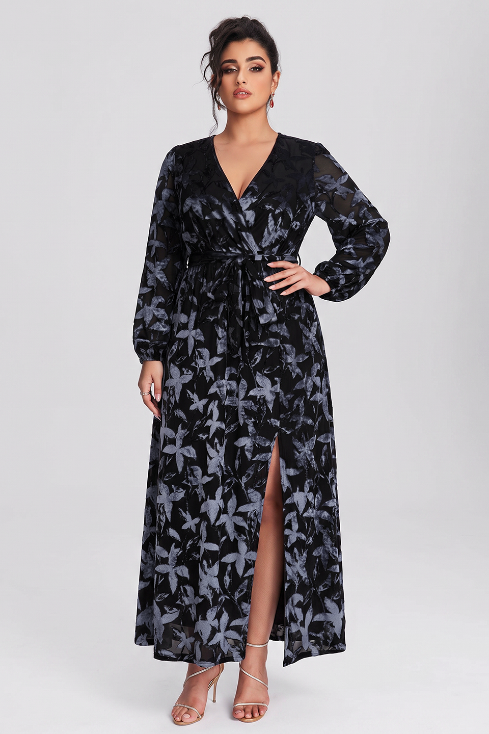 Curveins Plus Size V Neck Long Sleeve Maple Leaf Velvet Waist Tie Maxi Dress