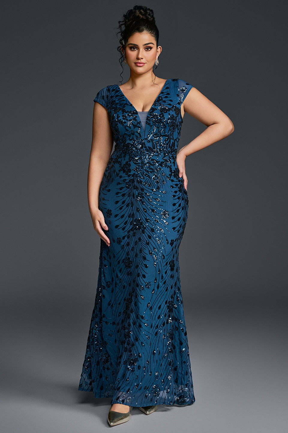 Curveins Plus Size One-Shoulder Side Slit and Waist Cinch Maxi Dress