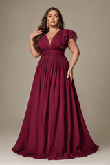 Curveins Plus Size V-Neck Ruffle Sleeve Split A-Line Maxi Dress
