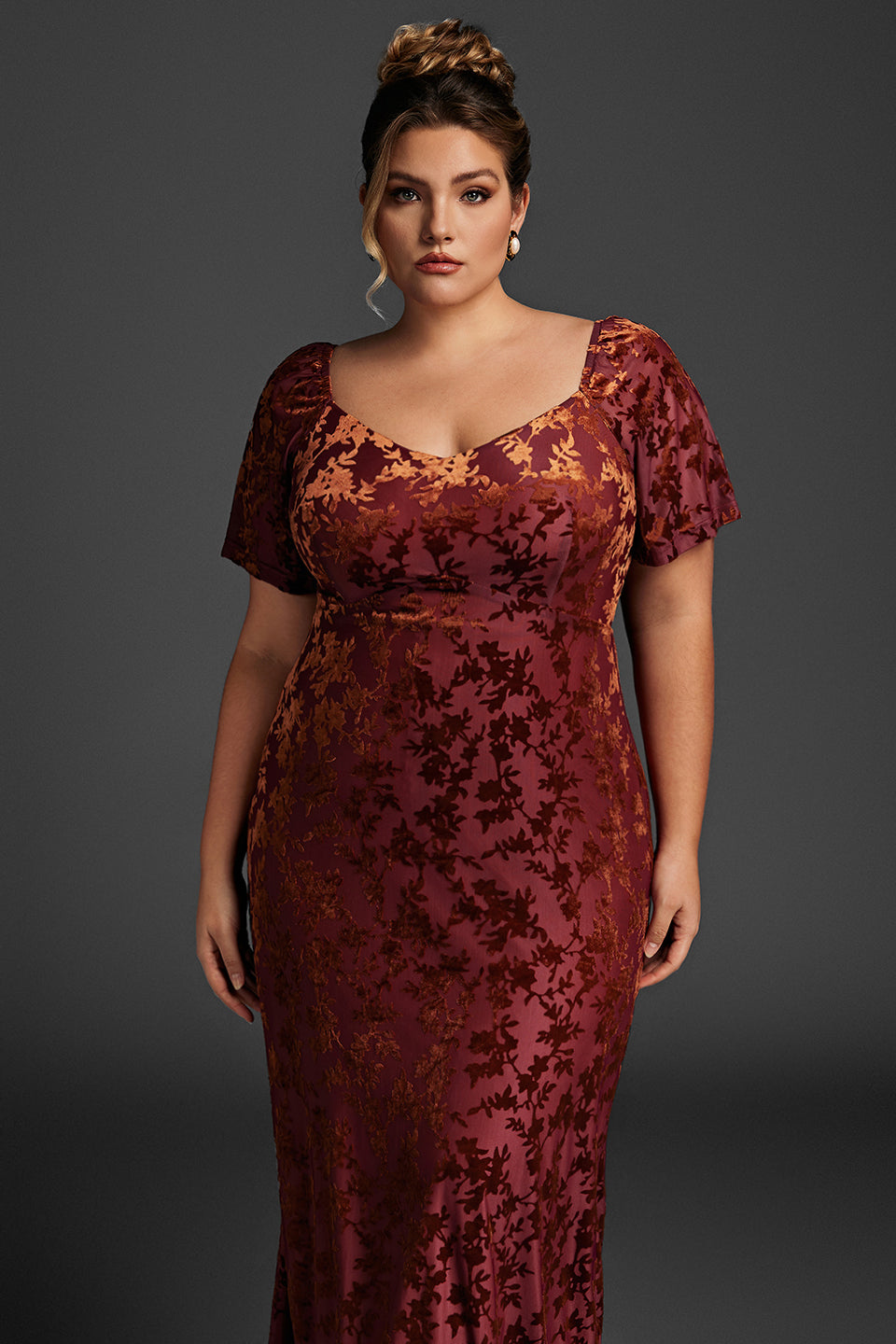 Curveins Plus Size Velvet Ruffle Sleeve Maxi Dress