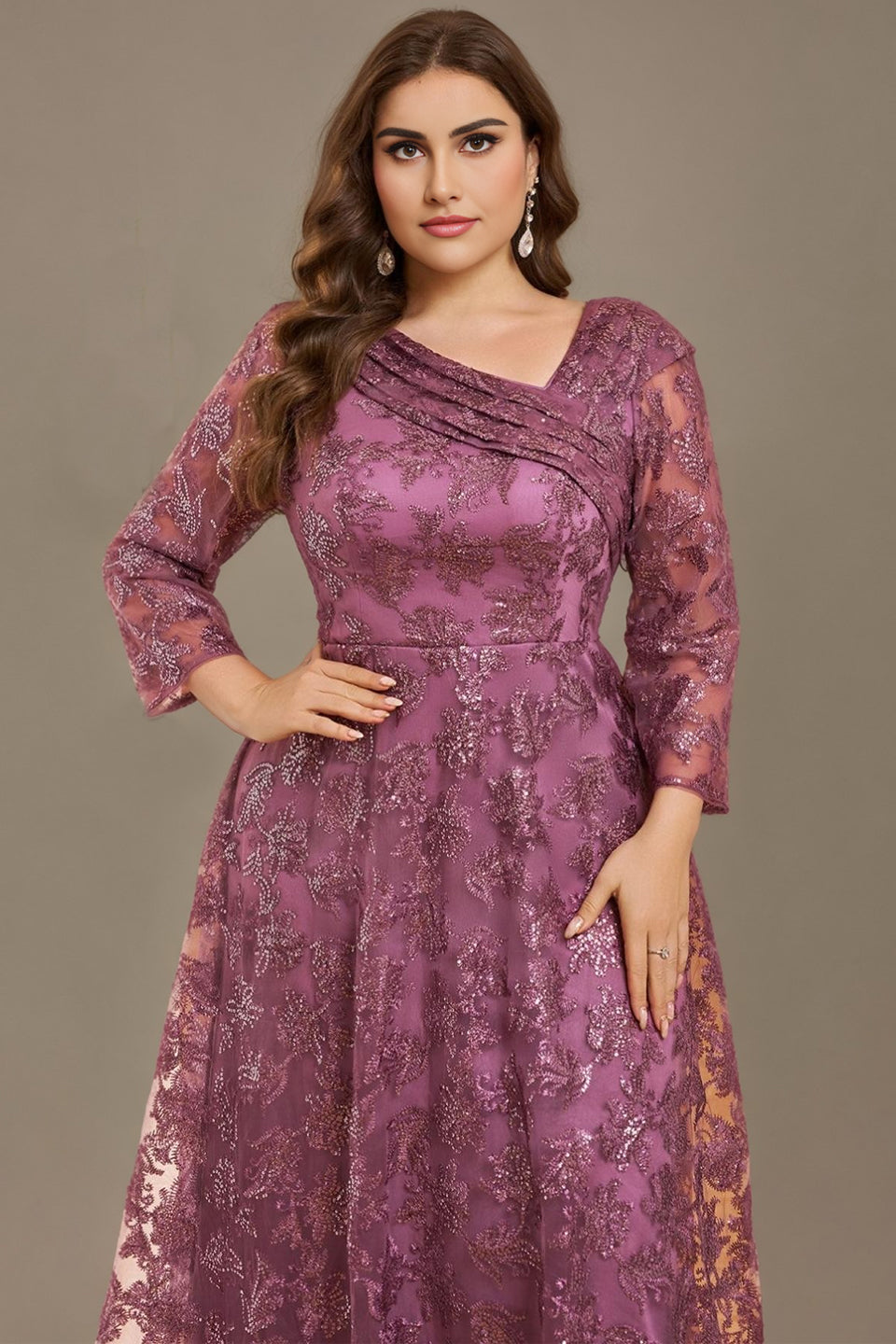Curveins Plus Size V-Neck Long Sleeve Floral Embroidered Sequin Maxi Dress