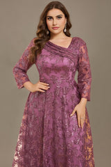 Curveins Plus Size V-Neck Long Sleeve Floral Embroidered Sequin Maxi Dress