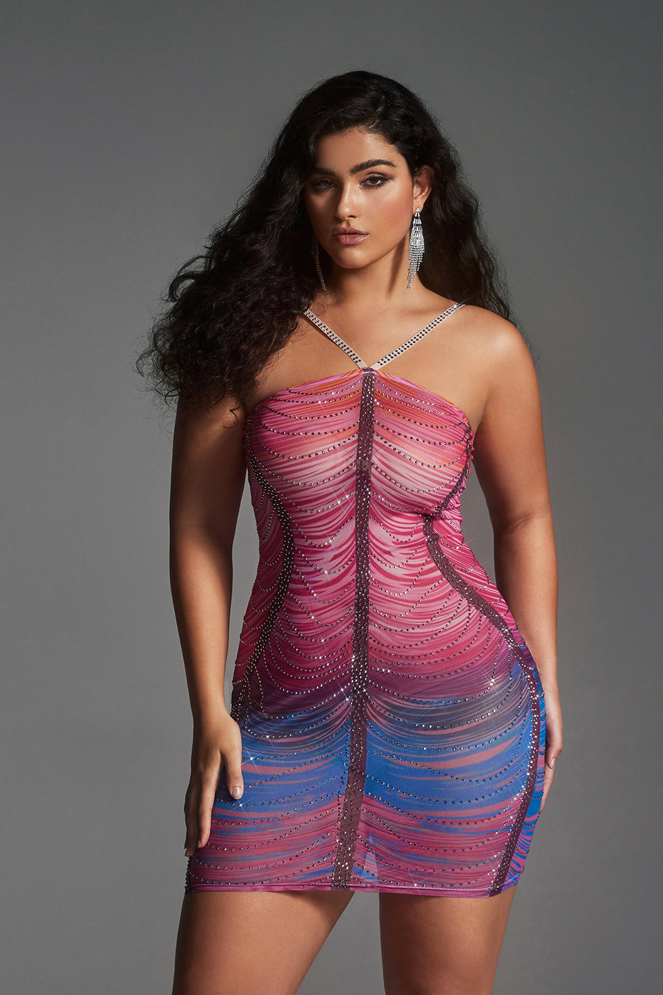 Curveins Plus Size Halter Colorful  Rhinestone Ruched Bodycon Mini Dress