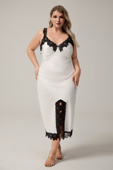 Curveins Plus Size Lace Strap Side-Slit Cami Nightdress with Lace Trim, Elegant Flirty Sleepwear