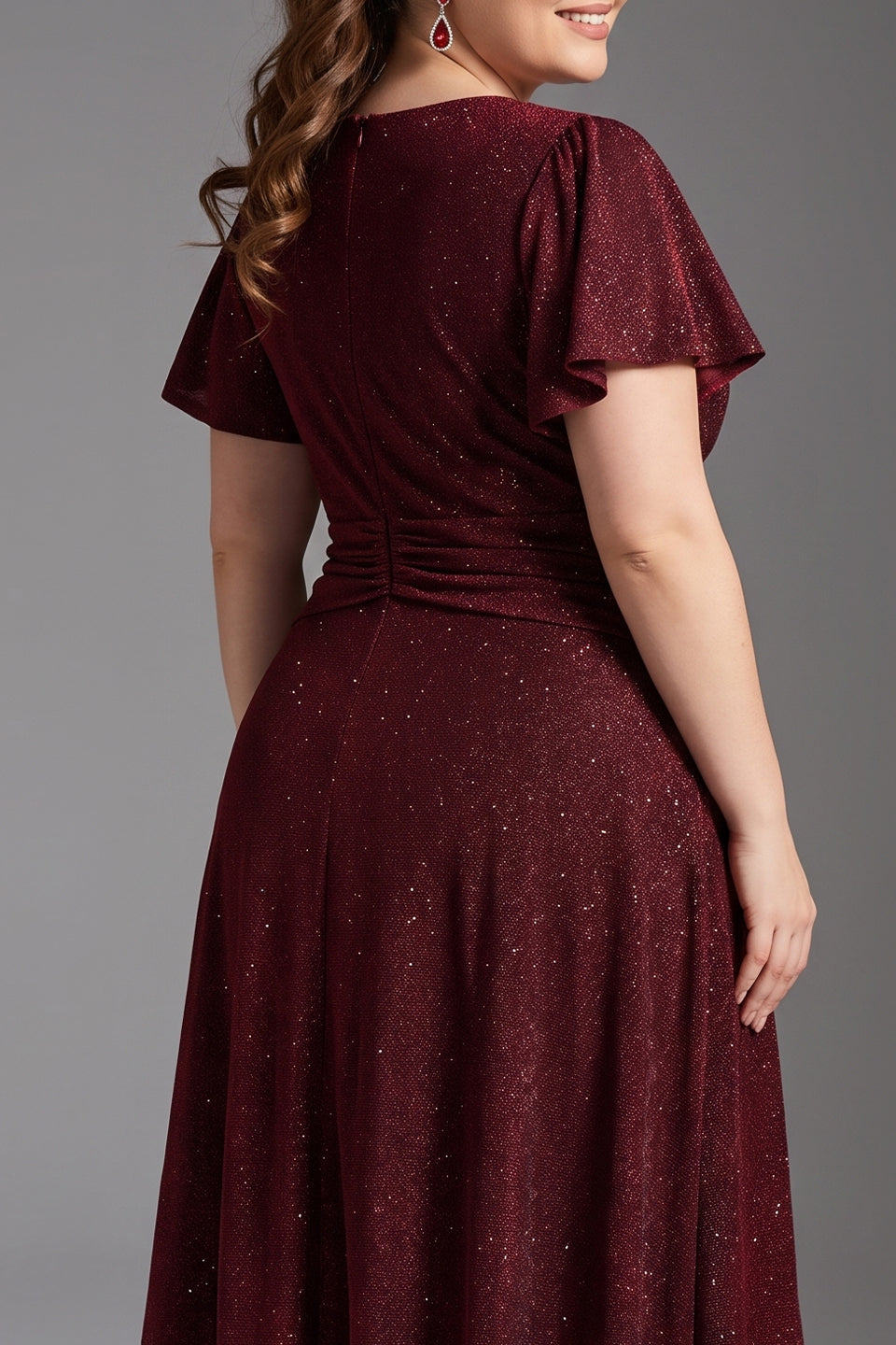 Curveins Plus Size V Neck Short Sleeve Ruched Sparkling Flared Midi Dress