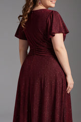 Curveins Plus Size V Neck Short Sleeve Ruched Sparkling Flared Midi Dress