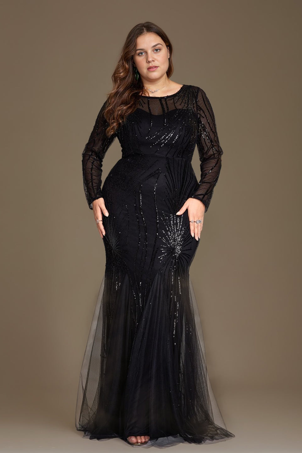 Curveins Plus Size Round Neck Long Sleeve Sequin Bodycon Maxi Dress