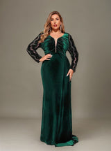 Curveins Plus Size Velvet Sequin V-Neck Long Sleeve Bodycon Maxi Dress