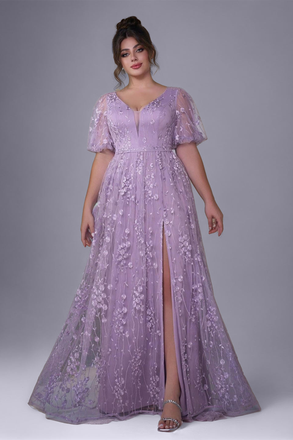 Curveins Plus Size Floral Embroidery V-Neck Puff Sleeve Side-Slit Maxi Dress