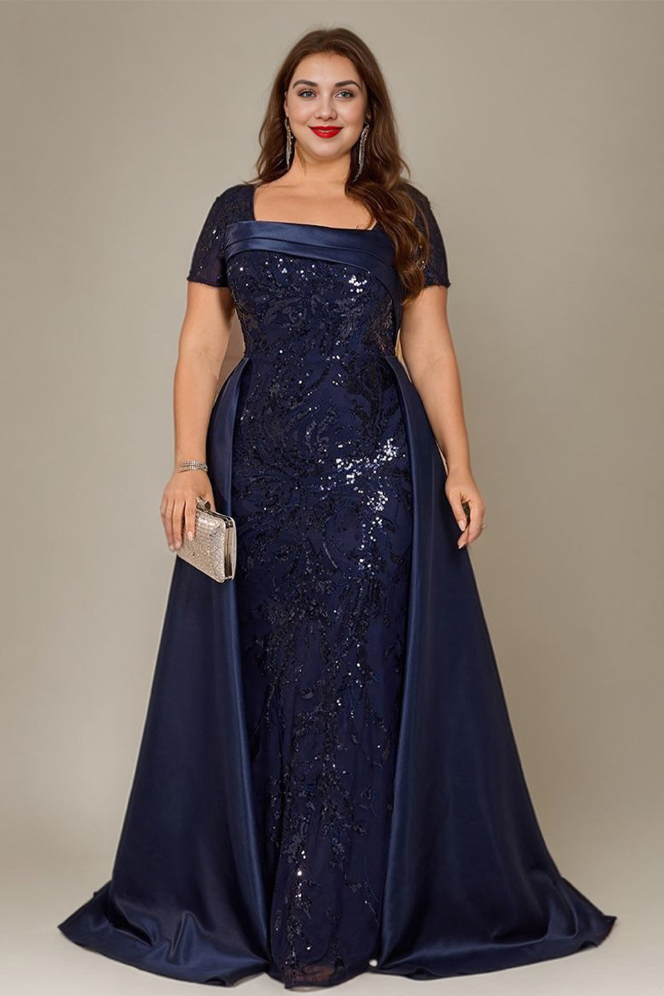 Curveins Plus Size Square Neck Short Sleeve Sequin Waist Defining Belted Maxi Dress