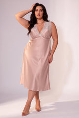 Curveins Plus Size Satin Lace Patchwork Backless Spaghetti Strap Loose Fit Sleep Dress
