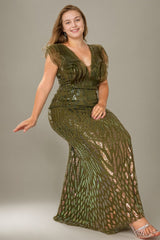 Curveins Elegant Curve Hugging V Neck Sleeveless Sequin Evening Gown