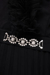 Curveins Plus Size Elegant Black V-Neck Pleated Maxi Dress with Crystal Belt