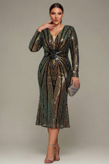 Curveins Plus Size V-Neck Long Sleeve Sequin Spider Stripe Waist Midi Dress
