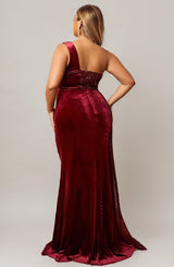 Curveins Plus Size One Shoulder Sequin Patchwork High Slit Maxi Dress