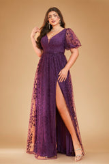 Curveins Plus Size Floral Embroidery V-Neck Puff Sleeve Side-Slit Maxi Dress