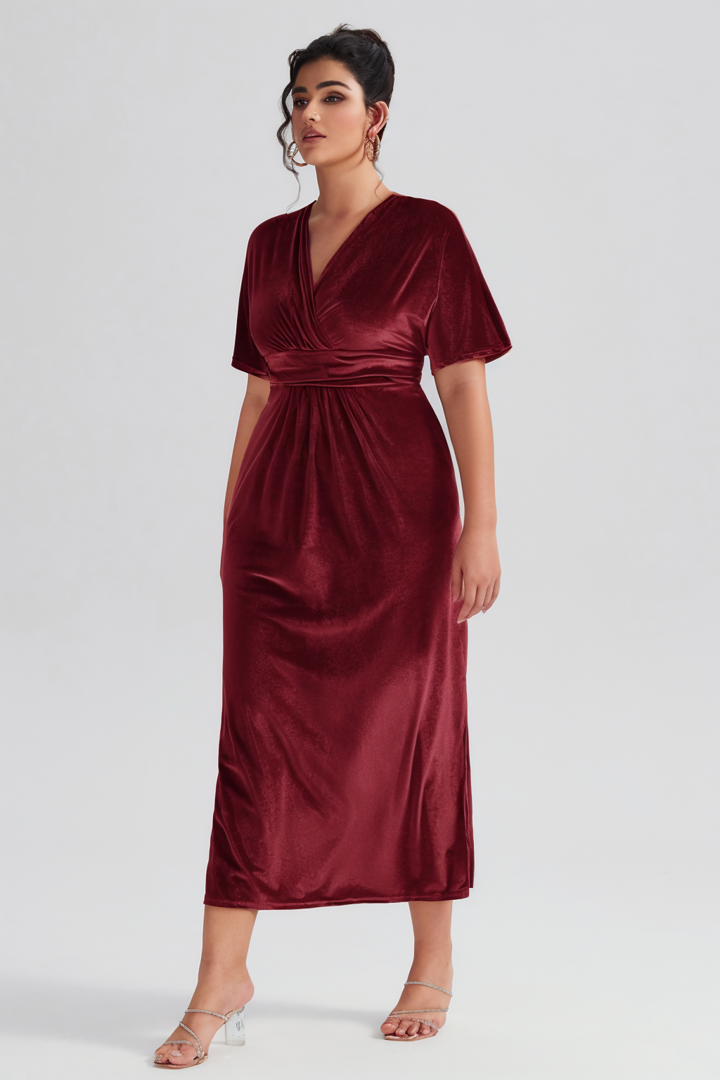 Curveins Plus Size Elegant Velvet V-Neck Shirred Maxi Dress