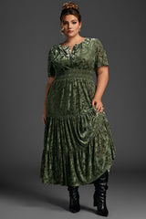 Curveins Plus Size Velvet V-Neck Ruched  Dress