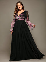 Curveins Plus Size V-Neck Floral Patchwork Maxi Dress with Flattering Flare Sleeves