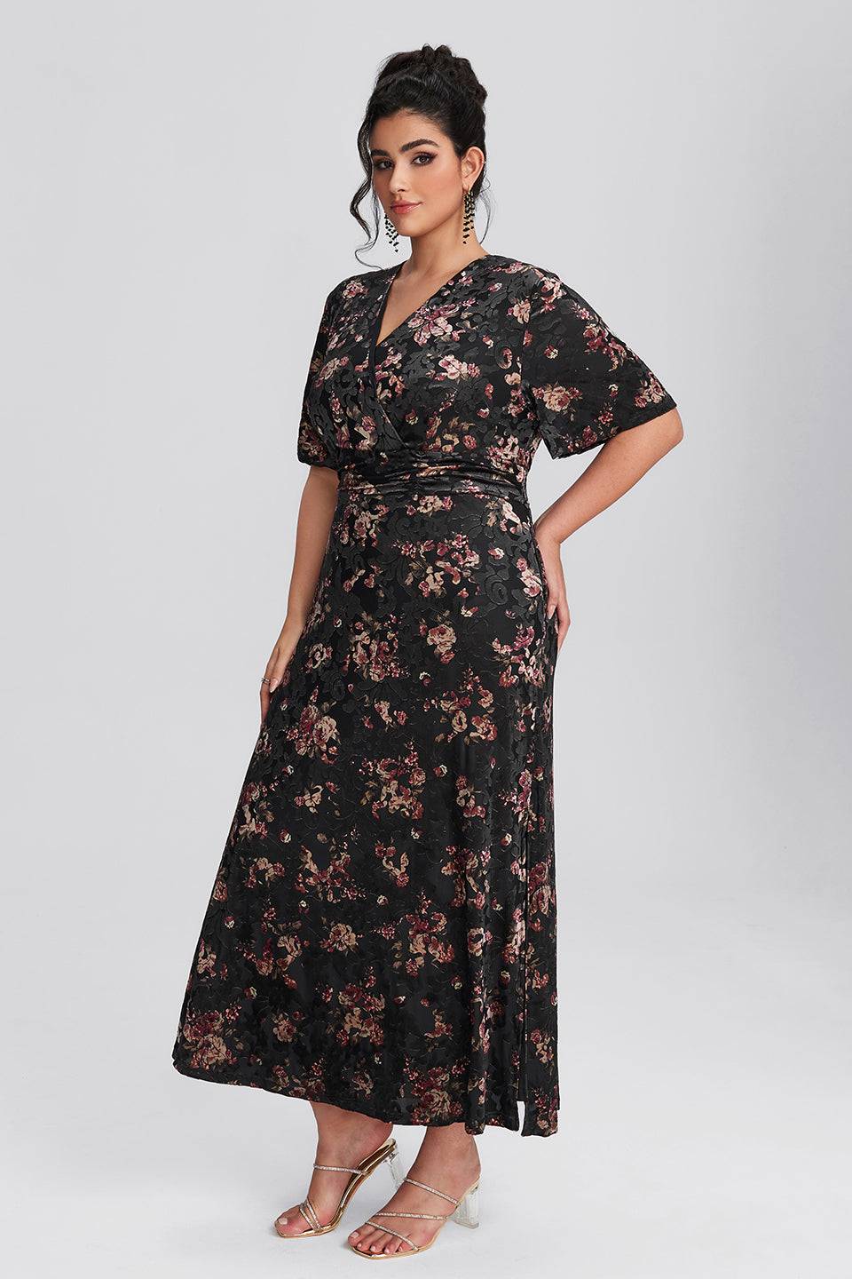 Women Black Floral Plus Size Tiered Maxi Dress