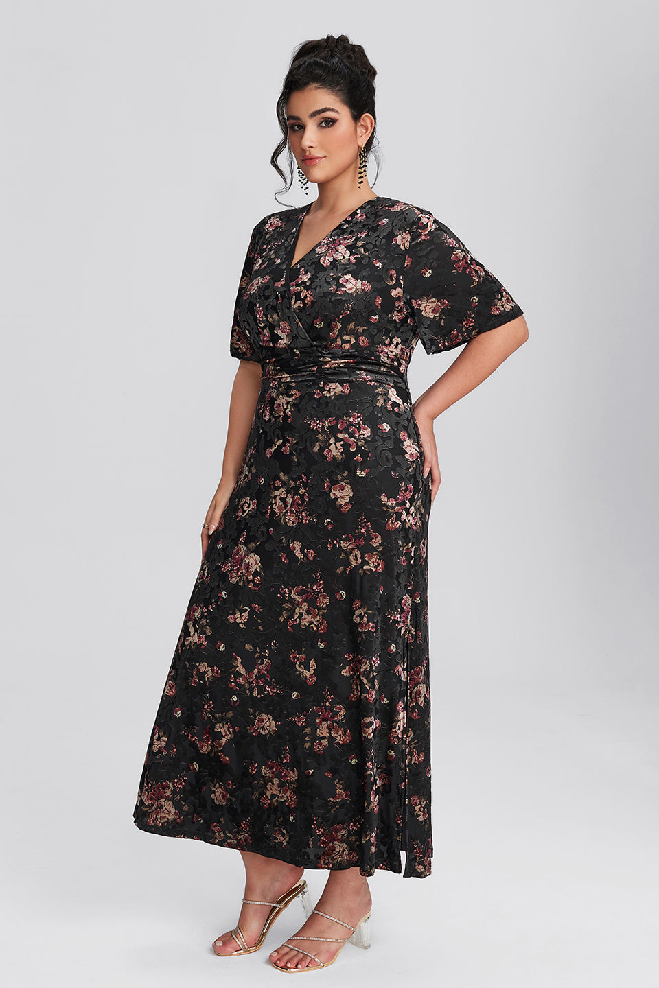 Curveins Plus Size Velvet Surplice Vintage Plain Maxi Dress