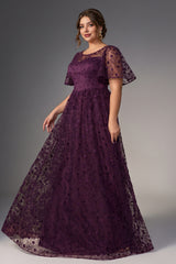 Curveins Plus Size Crew Neck Batwing Sleeve Floral Cinched Waist Elegant Maxi Dress