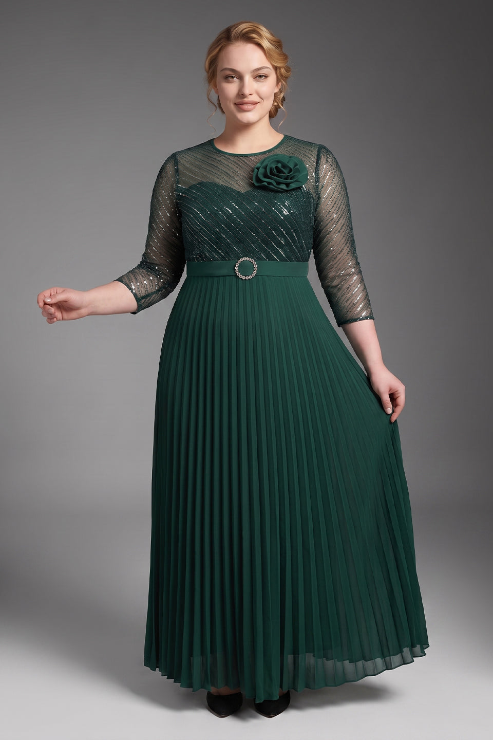 Curveins Plus Size Chic Round Neck Ruched Detail Long Sleeve Maxi Dress
