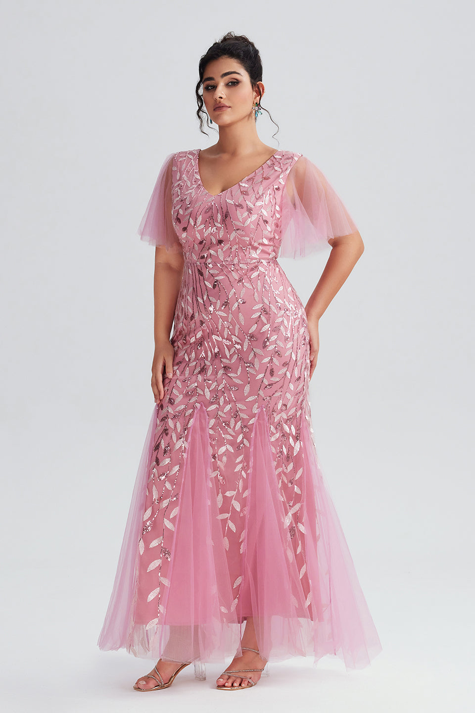 Curveins Plus Size Elegant Embroidered Flutter Sleeve Sequin Mermaid Dress