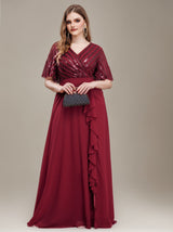 Plus Size V-Neck Batwing Sleeve Sequin Panel High Waist Elegant Maxi Dress