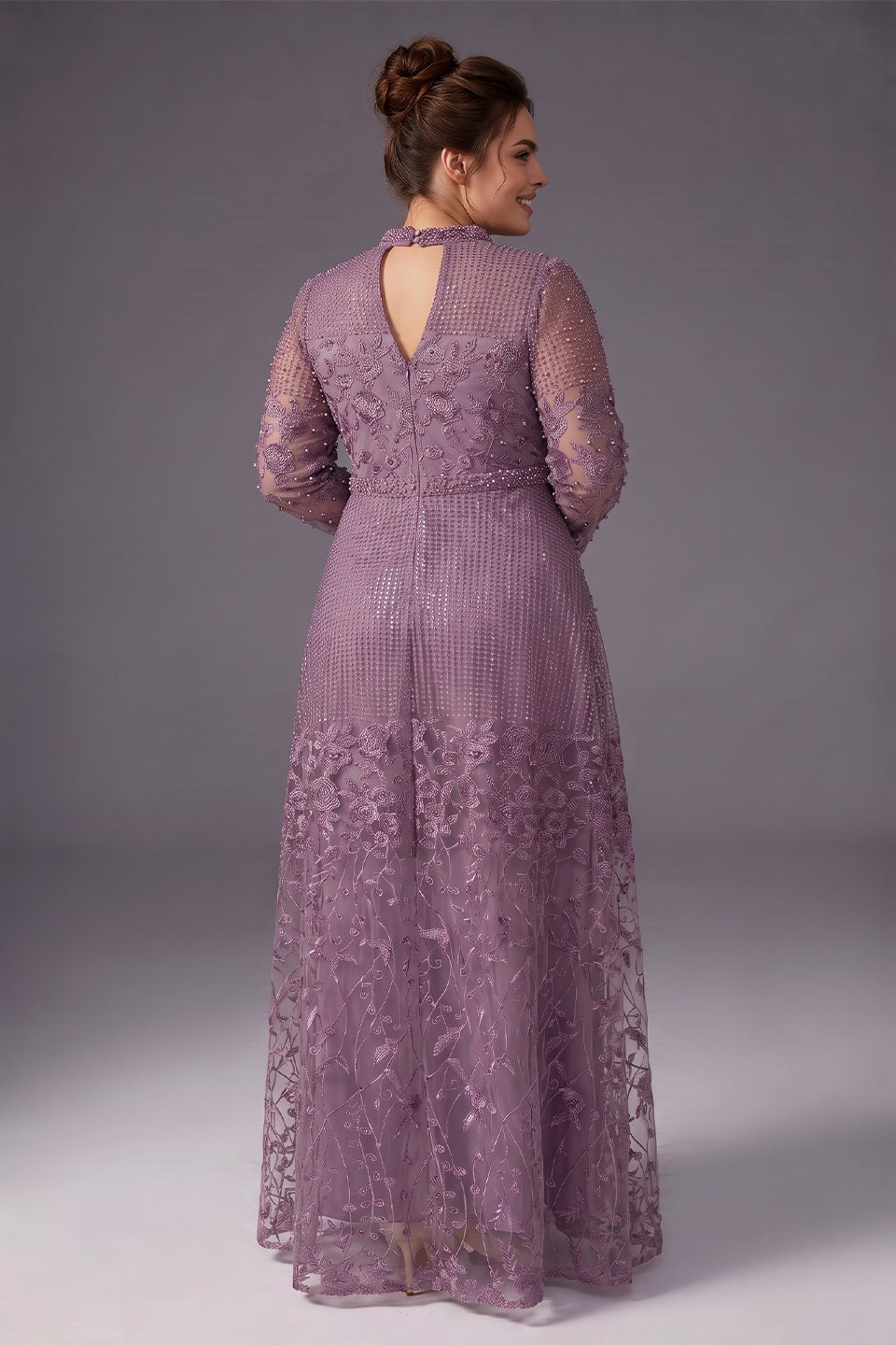 Curveins Plus Size Stand Collar Long Sleeve Floral Beaded Elegant Maxi Dress