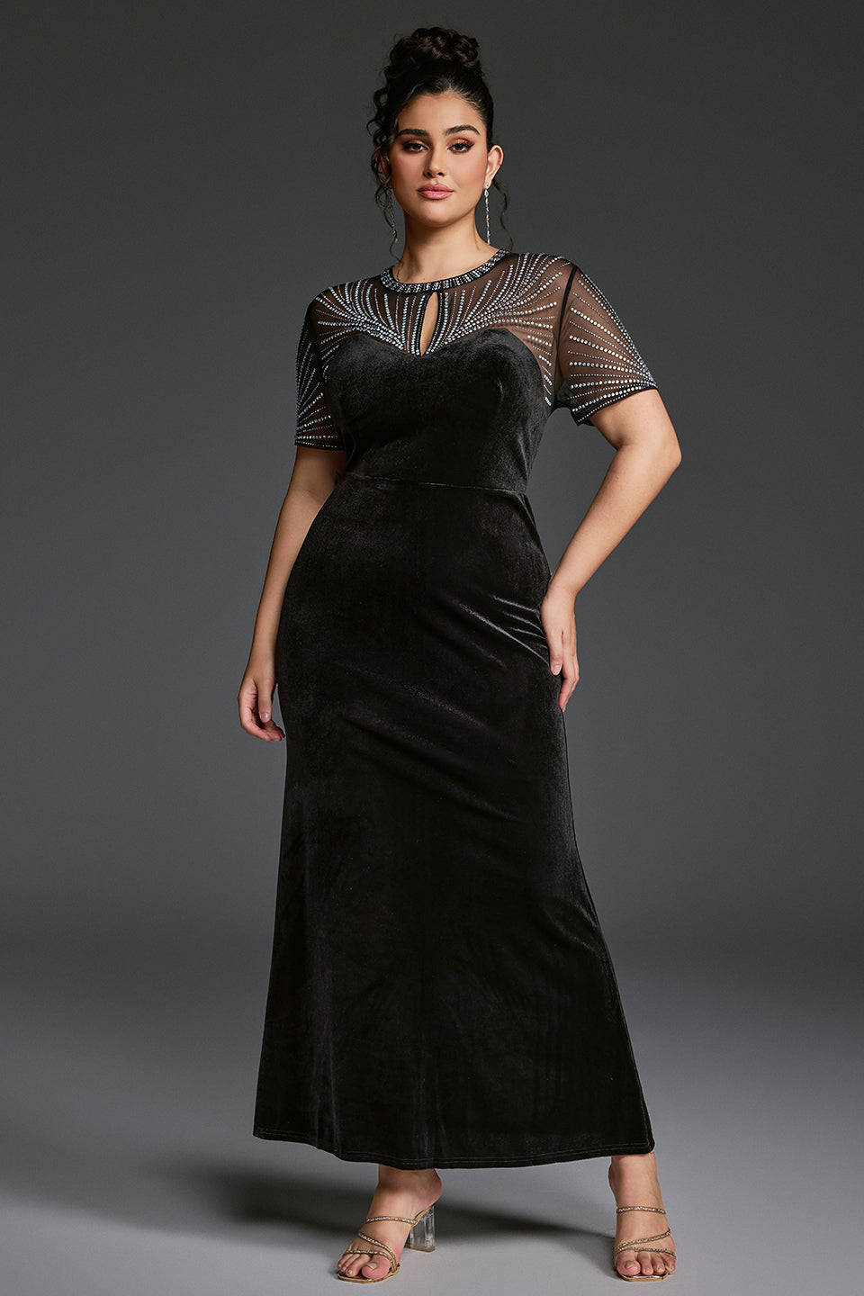 Curveins Plus Size Round Neck Sequin Mermaid Maxi Dress