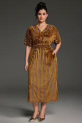 Curveins Plus Size Striped V-Neck Belted Waist Velvet Maxi Dress