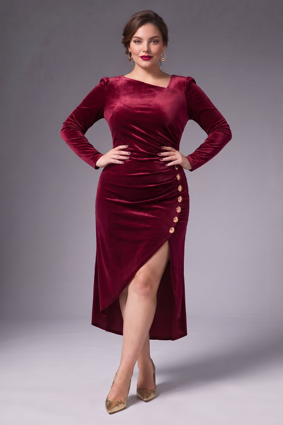 Curveins Plus Size Velvet Asymmetric One Shoulder Long Sleeve Ruched Slit Elegant Midi Dress