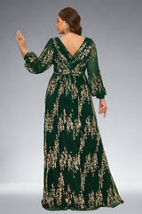 Curveins Plus Size Sequin V-Neck Lantern Sleeve Formal Party Maxi Dress