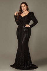 Curveins Elegant Plus Size V-Neck Floral Long Sleeve Sequin Bodycon Dress