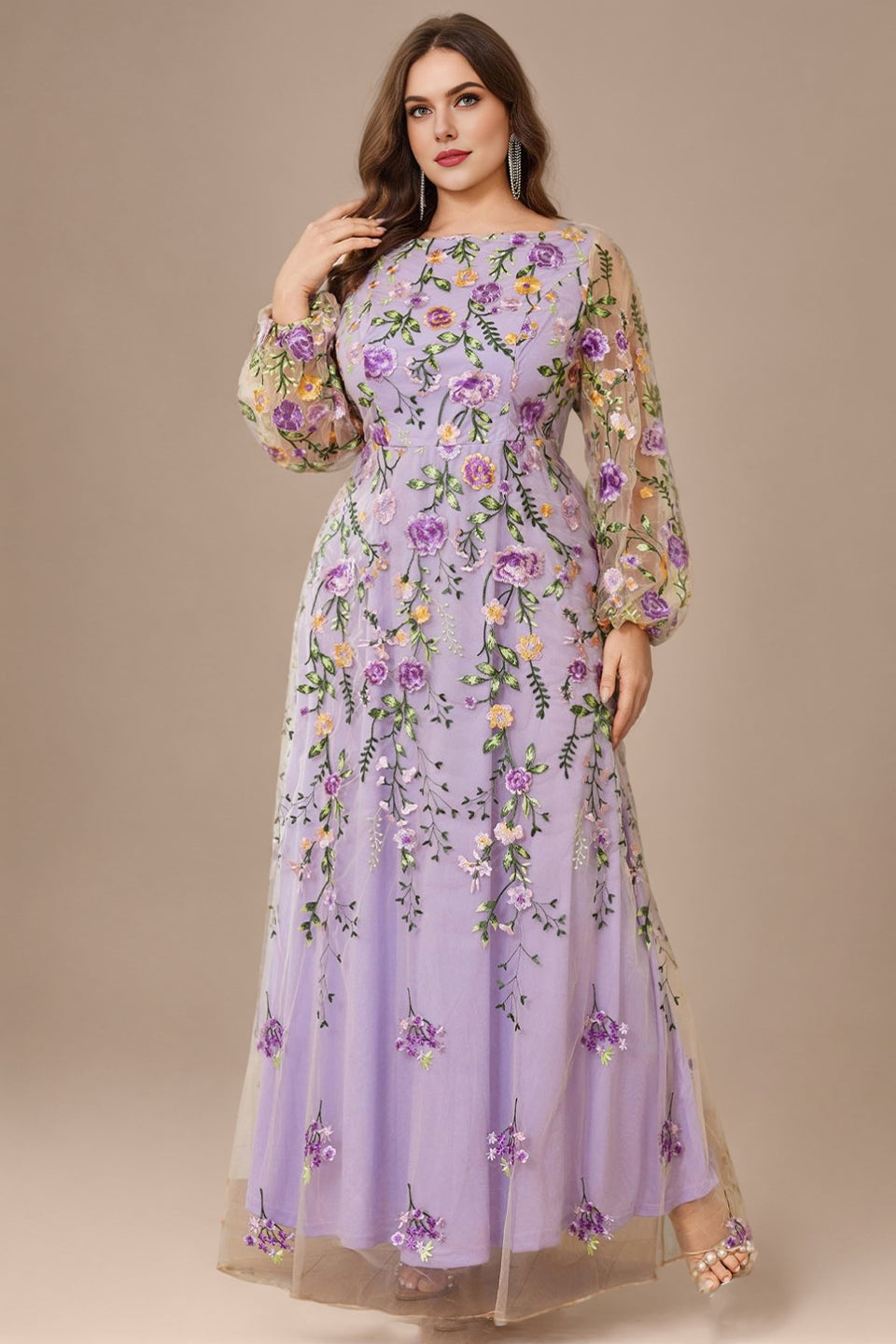 Curveins Plus Size Elegant Round Neck Long Sleeve Mesh Embroidery Maxi Dress