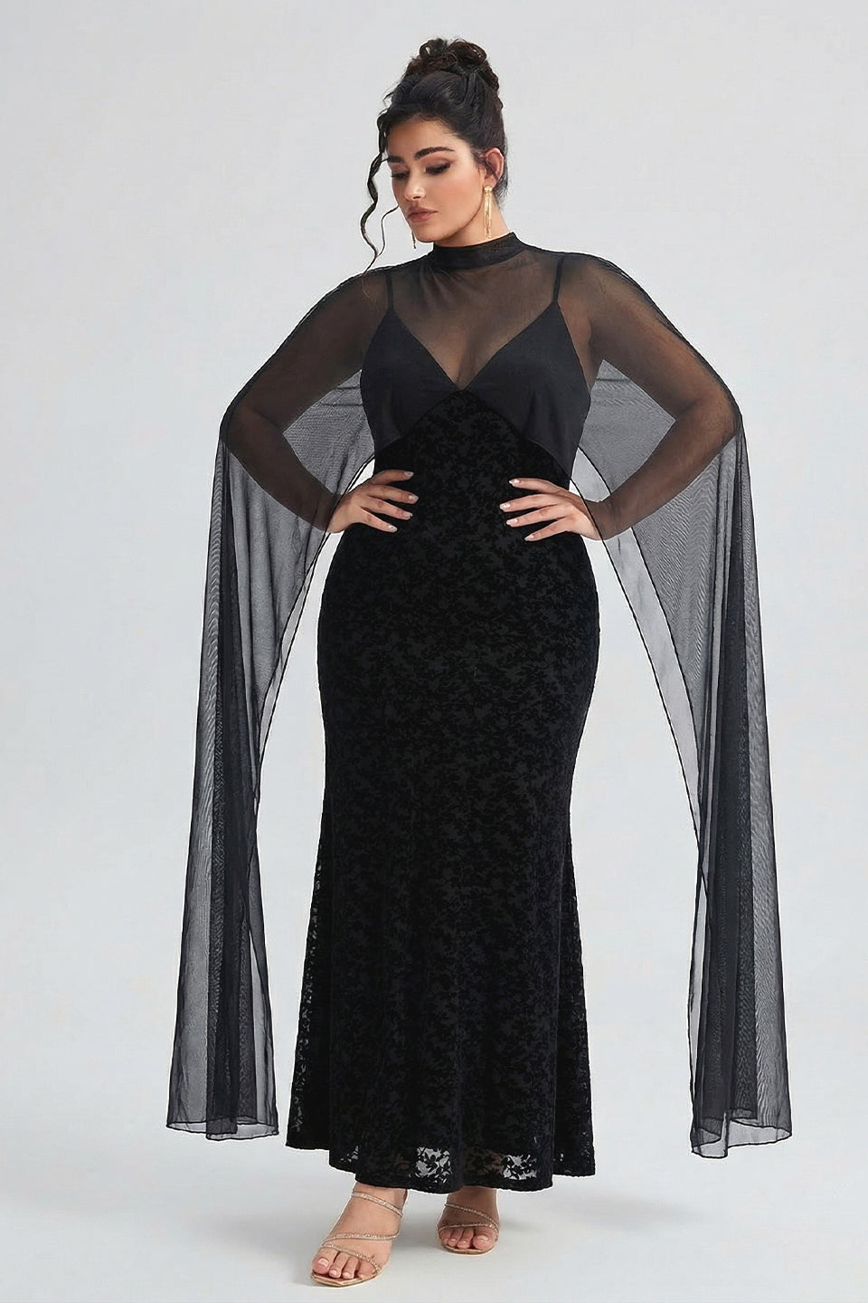 Curveins Plus Size Flattering V-Neck Cape Style Sleeveless Velvet Maxi Dress