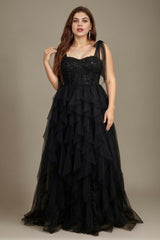 Curveins Plus Size V Neck Cami Tulle Overlay Sequin Patchwork Flattering Maxi Dress