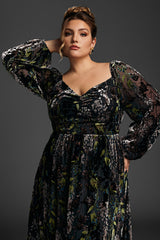 Curveins Plus Size Velvet Draped Collar Embroidered Ruched Long Dress