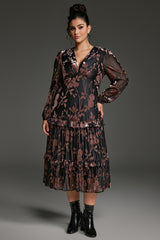 Curveins Plus Size Velvet V-Neck Lantern Sleeve Tiered Maxi Dress